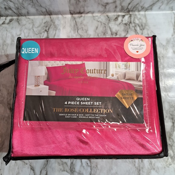 Juicy Couture Queen 4 Piece Sheet Set Fuchsia Wrinkle Resistant Satin‎ Sheets - Picture 1 of 9